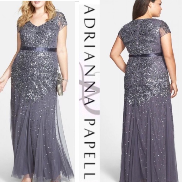 Adrianna papell Gunmetal grey sequin& beaded cap sleeves Long Dress - Picture 6 of 15